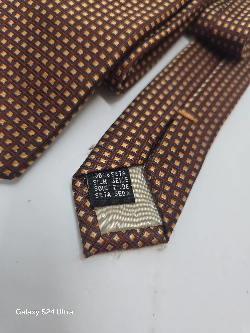 Pietro Baldini Men's Brown and Gold Grid Pattern 100% Silk Necktie Tie